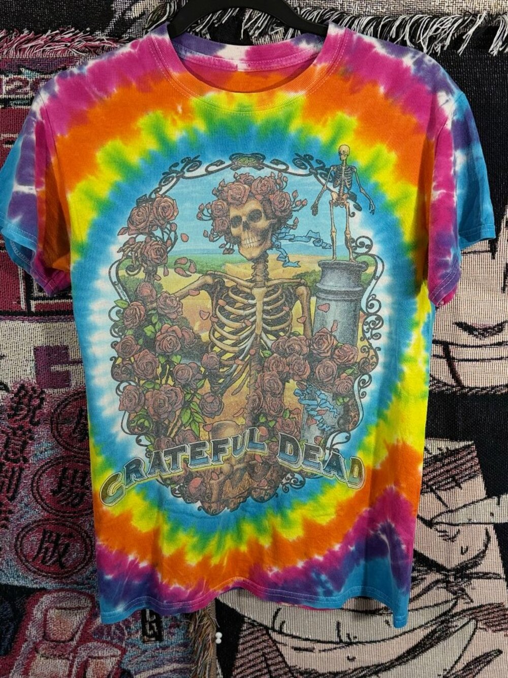 Grateful Dead Bertha Skeleton Roses Rainbow Tie Dye Tee Cropped Baby Fit S